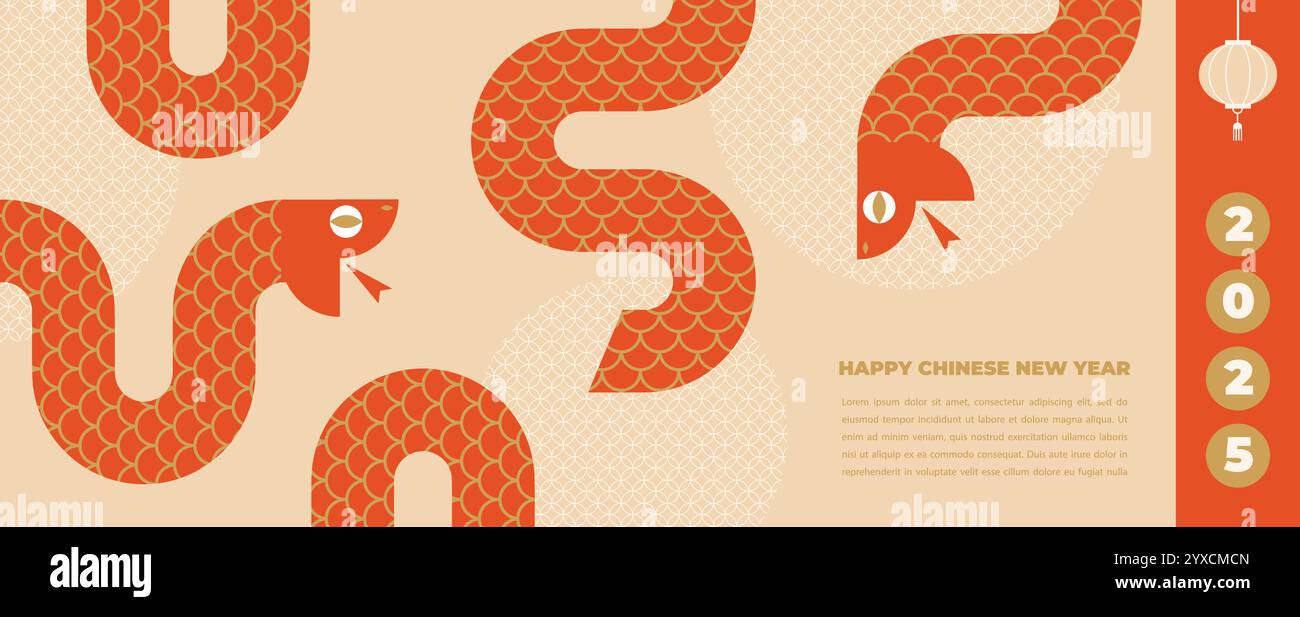 Chinesisches Neujahr 2025 Jahr der Schlange. Illustrationen der roten Schlange, Tapeten, Karten, Banner. Traditionelle chinesische Vektordesigns mit Schlangen Stock Vektor