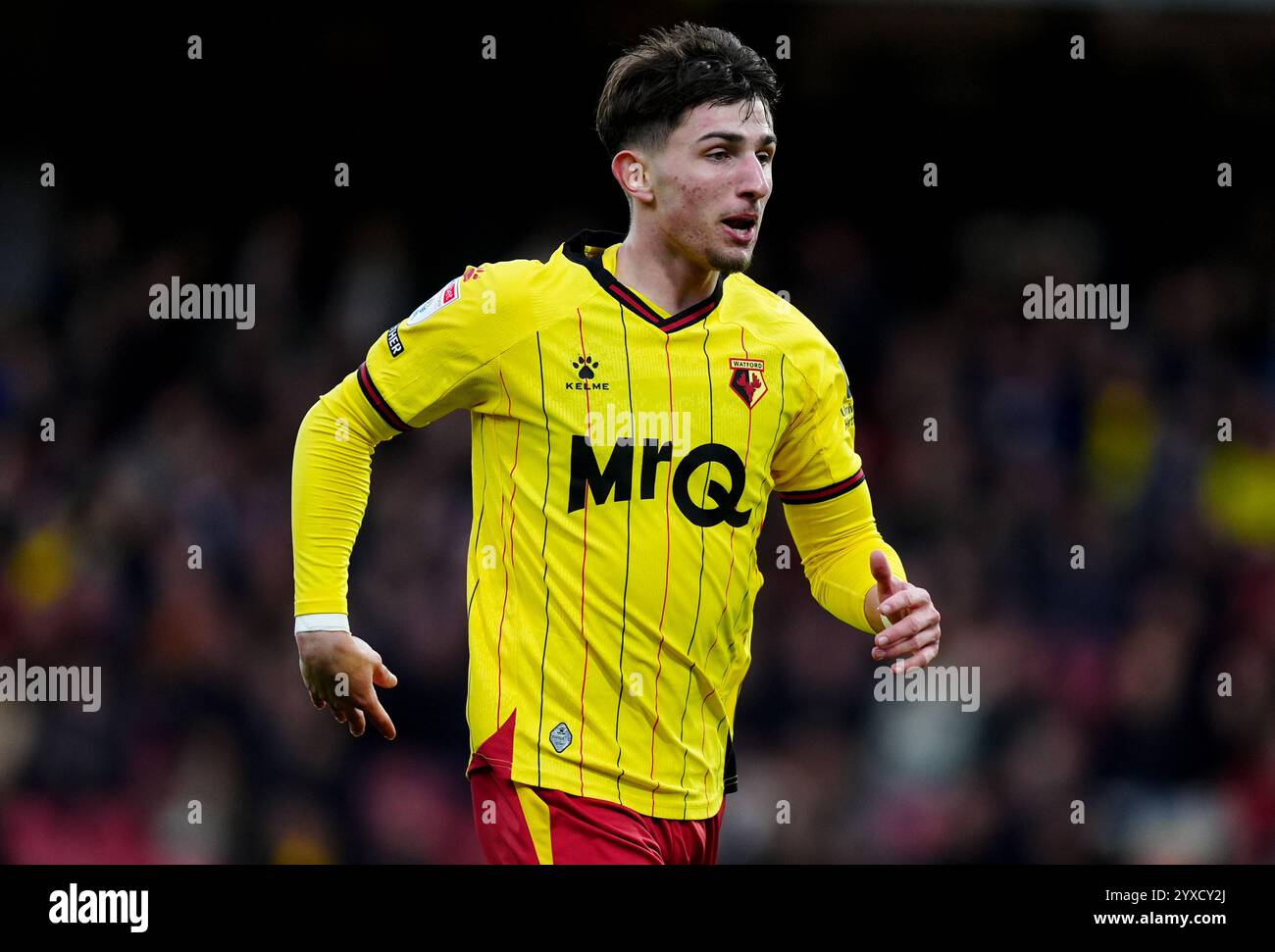 Watfords James Morris während des Sky Bet Championship Matches in der Vicarage Road, Watford. Bilddatum: Sonntag, 15. Dezember 2024. Stockfoto