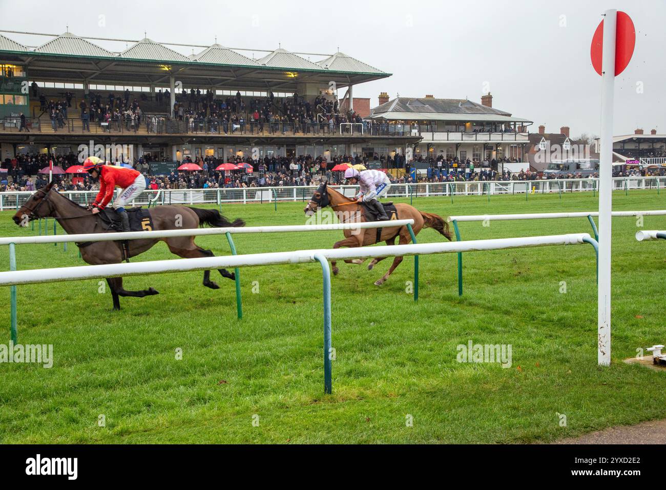 Nationales Jagdpferderennen auf der Rennbahn Warwick England UK mit Action vor der Haupttribüne beim Renntreffen im Dezember 2024 Stockfoto