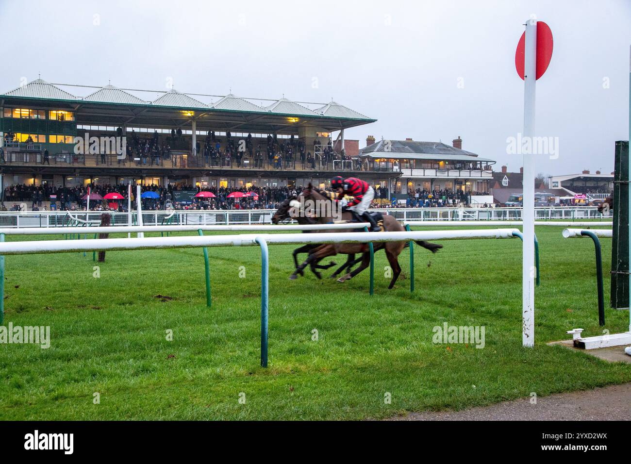 Nationales Jagdpferderennen auf der Rennbahn Warwick England UK mit Action vor der Haupttribüne beim Renntreffen im Dezember 2024 Stockfoto