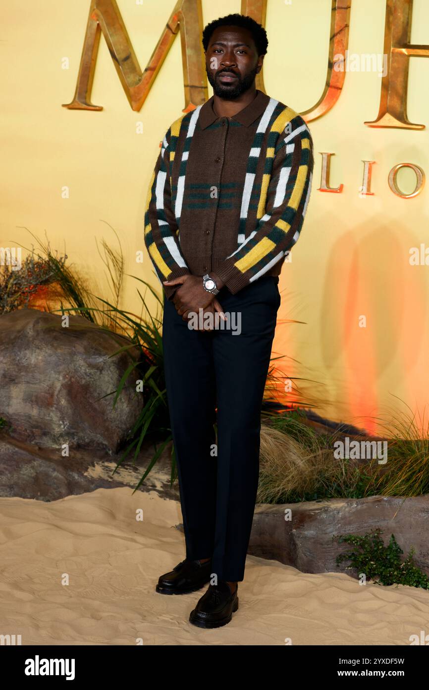 London, Großbritannien. Dezember 2024. Aaron Shosanya nimmt an der Mufasa, dem König der Löwen, UK Premiere auf der Cineworld am Leicester Square Teil. (Foto: Cat Morley/SOPA Images/SIPA USA) Credit: SIPA USA/Alamy Live News Stockfoto