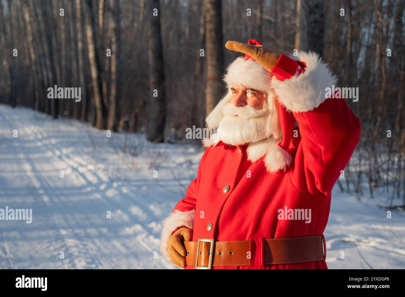 Der Weihnachtsmann spaziert durch den Winterwald. Stockfoto