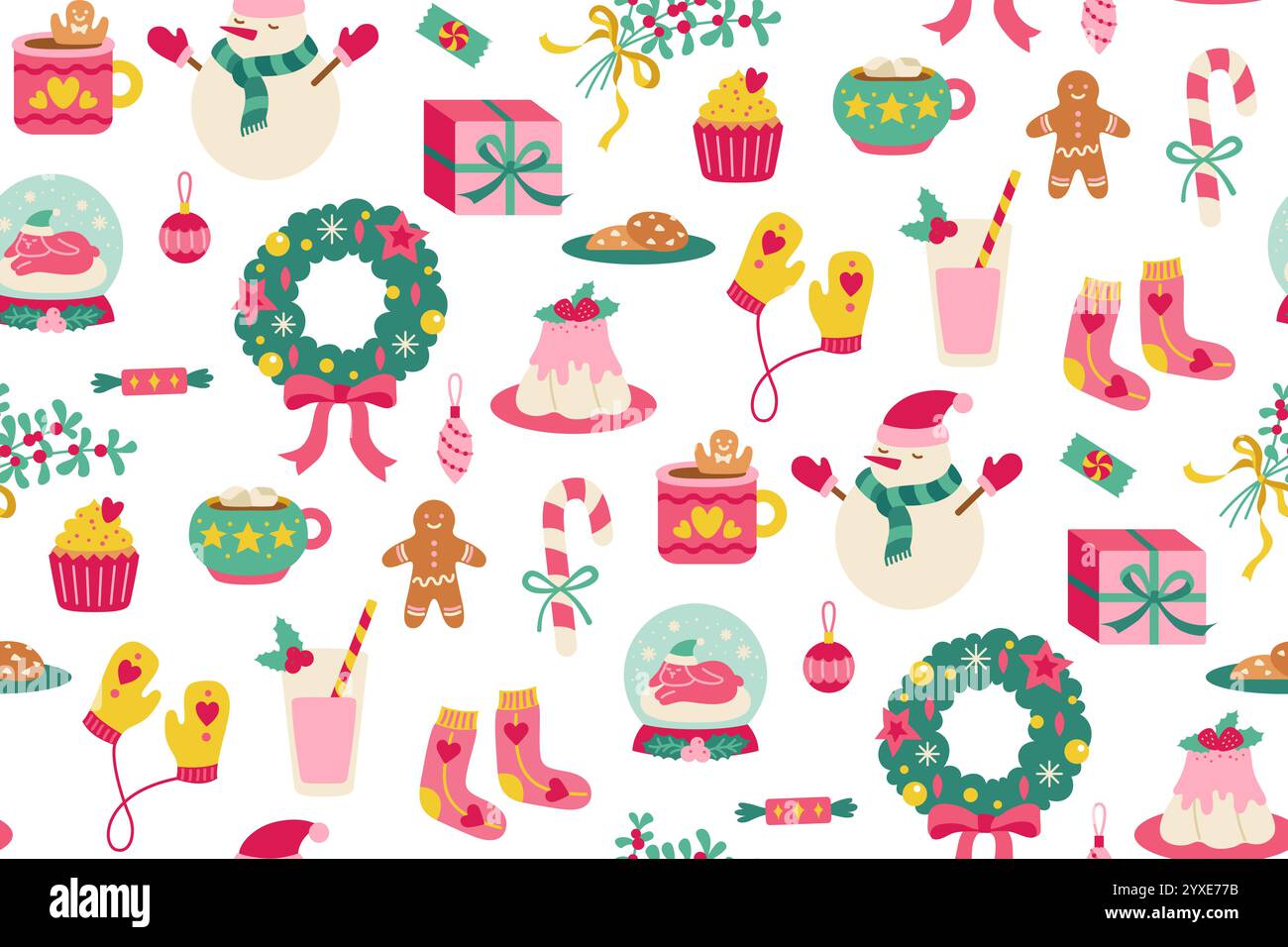 Nahtloses Muster für Weihnachten und ein frohes neues Jahr. Feiertagshintergrund mit Weihnachtsdekorationen. Weihnachtstextur für Geschenkverpackungspapier Textilmuster, Stoff, saisonales Vektordesign Stock Vektor