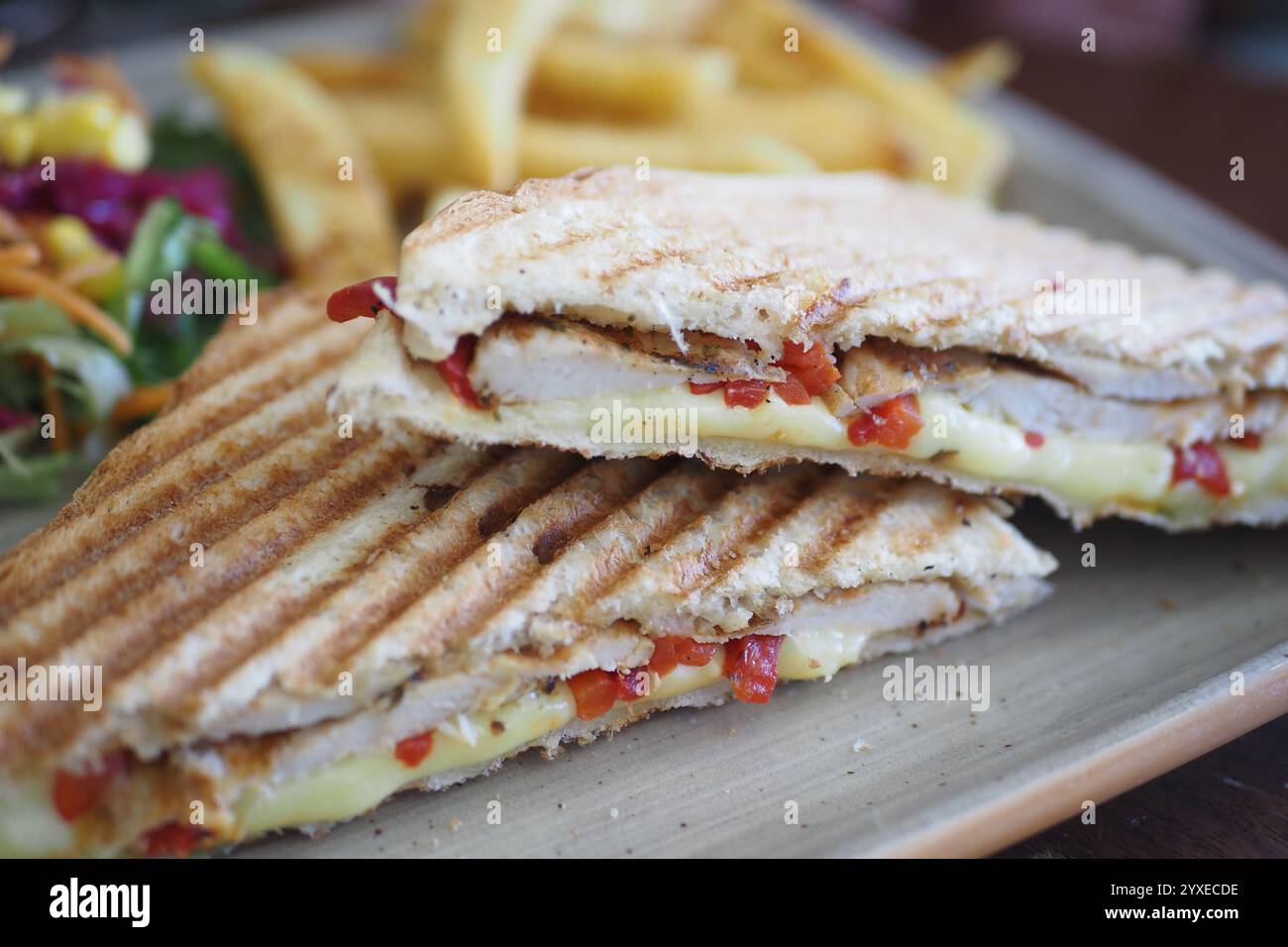 Genießen Sie köstliche gegrillte Sandwiches mit knusprigen Pommes frites, die eine ideale Mahlzeit sind Stockfoto