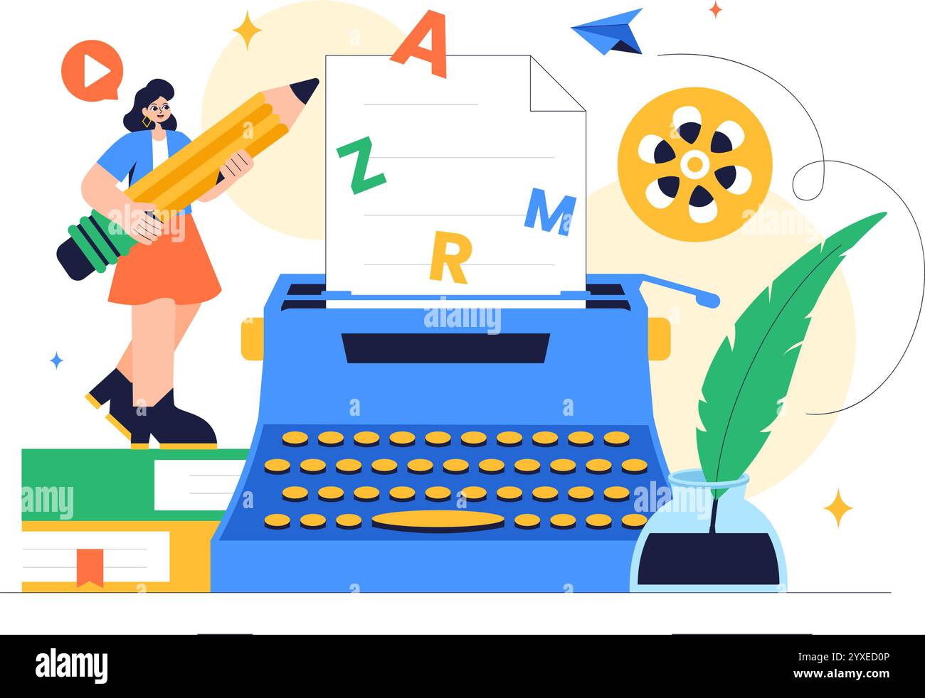 Drehbuchautor Vektor-Illustration mit einem professionellen Autor und Texter für Filmproduktion, Kinematographie oder Filmproduktion im Hintergrund Stock Vektor