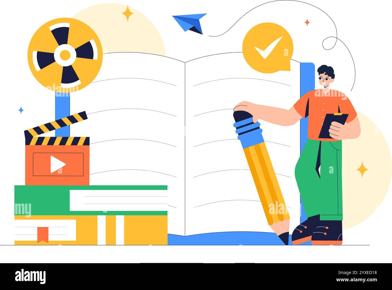 Drehbuchautor Vektor-Illustration mit einem professionellen Autor und Texter für Filmproduktion, Kinematographie oder Filmproduktion im Hintergrund Stock Vektor