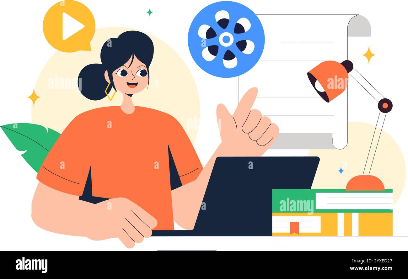 Drehbuchautor Vektor-Illustration mit einem professionellen Autor und Texter für Filmproduktion, Kinematographie oder Filmproduktion im Hintergrund Stock Vektor