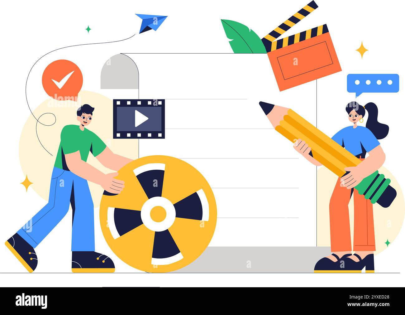 Drehbuchautor Vektor-Illustration mit einem professionellen Autor und Texter für Filmproduktion, Kinematographie oder Filmproduktion im Hintergrund Stock Vektor