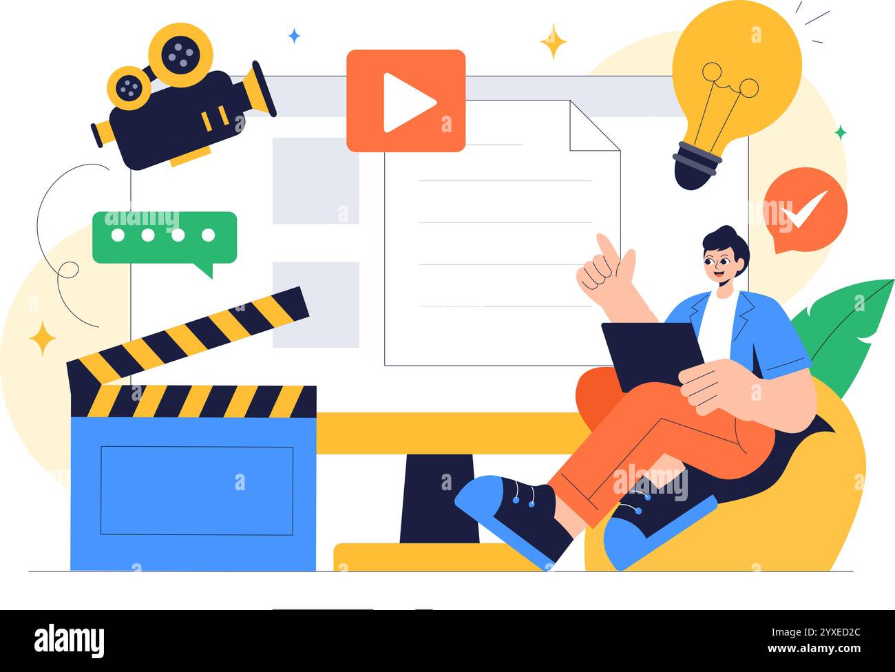 Drehbuchautor Vektor-Illustration mit einem professionellen Autor und Texter für Filmproduktion, Kinematographie oder Filmproduktion im Hintergrund Stock Vektor