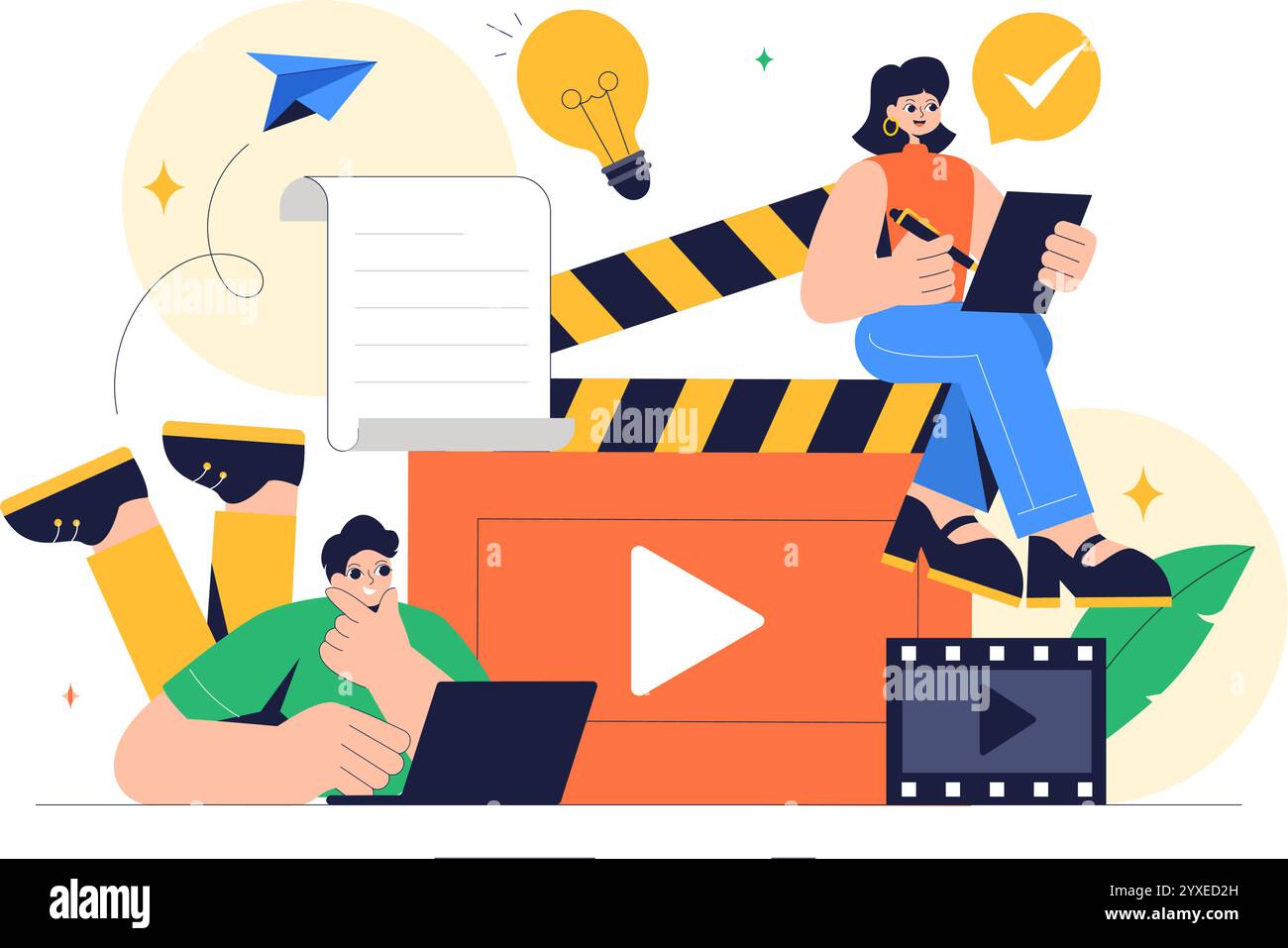 Drehbuchautor Vektor-Illustration mit einem professionellen Autor und Texter für Filmproduktion, Kinematographie oder Filmproduktion im Hintergrund Stock Vektor