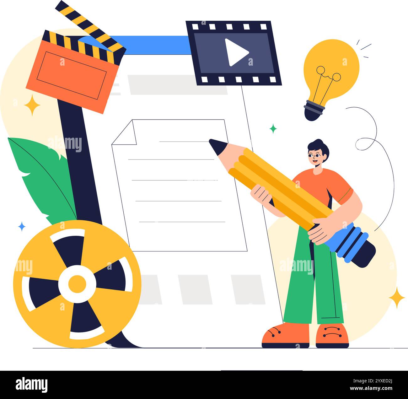 Drehbuchautor Vektor-Illustration mit einem professionellen Autor und Texter für Filmproduktion, Kinematographie oder Filmproduktion im Hintergrund Stock Vektor