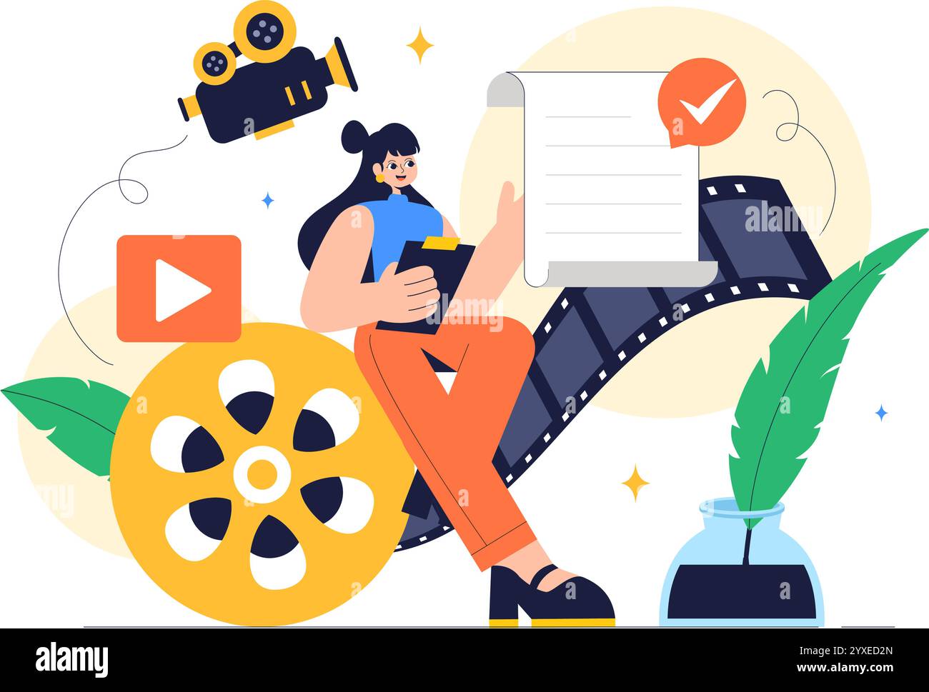 Drehbuchautor Vektor-Illustration mit einem professionellen Autor und Texter für Filmproduktion, Kinematographie oder Filmproduktion im Hintergrund Stock Vektor