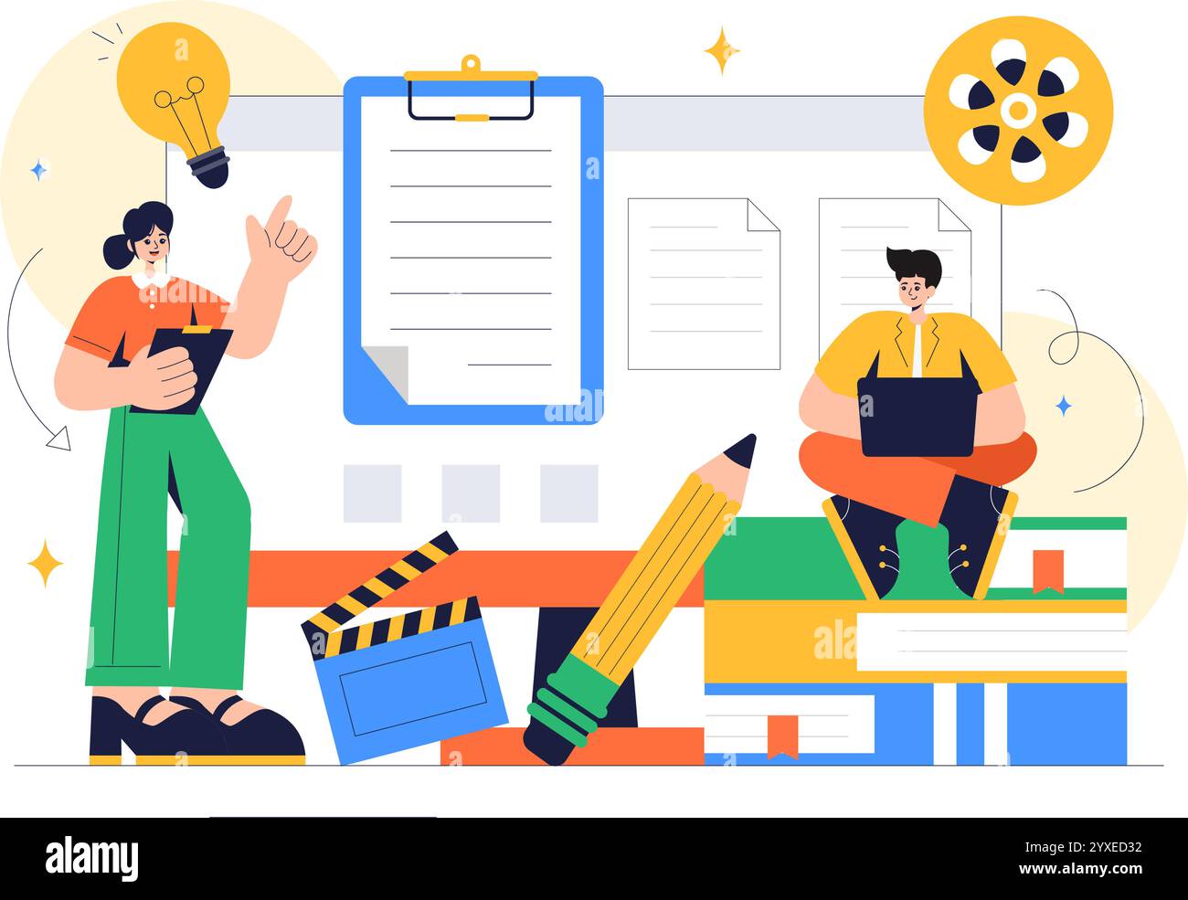 Drehbuchautor Vektor-Illustration mit einem professionellen Autor und Texter für Filmproduktion, Kinematographie oder Filmproduktion im Hintergrund Stock Vektor