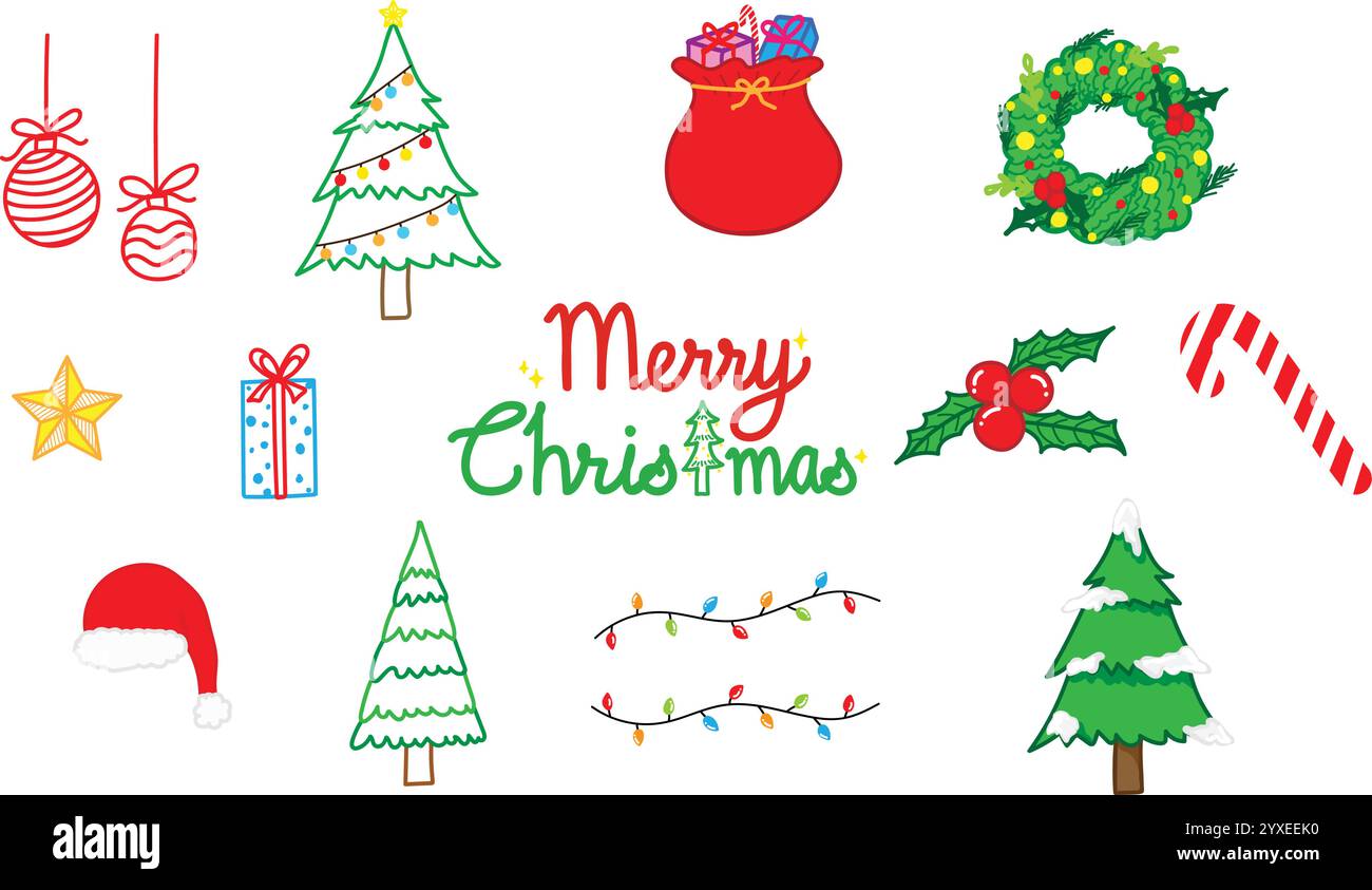 Weihnachten Doodle Vektor Set Bundle für Grußkarte, Poster, Banner Stock Vektor