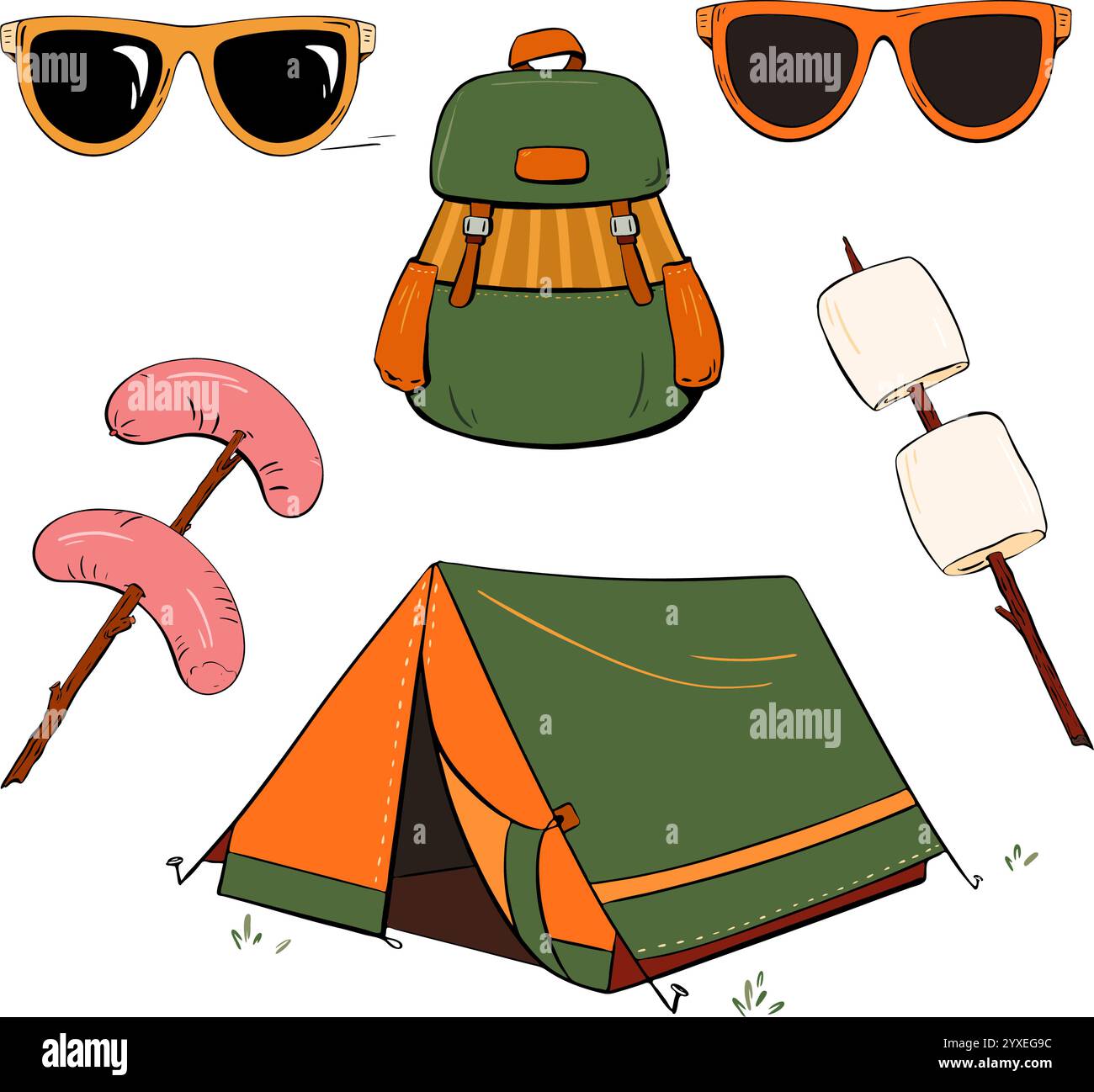 Camping Essentials Ein Zelt, eine stilvolle Sonnenbrille und eine Auswahl an leckeren Snacks. Vektorabbildung. Tourismus Stock Vektor