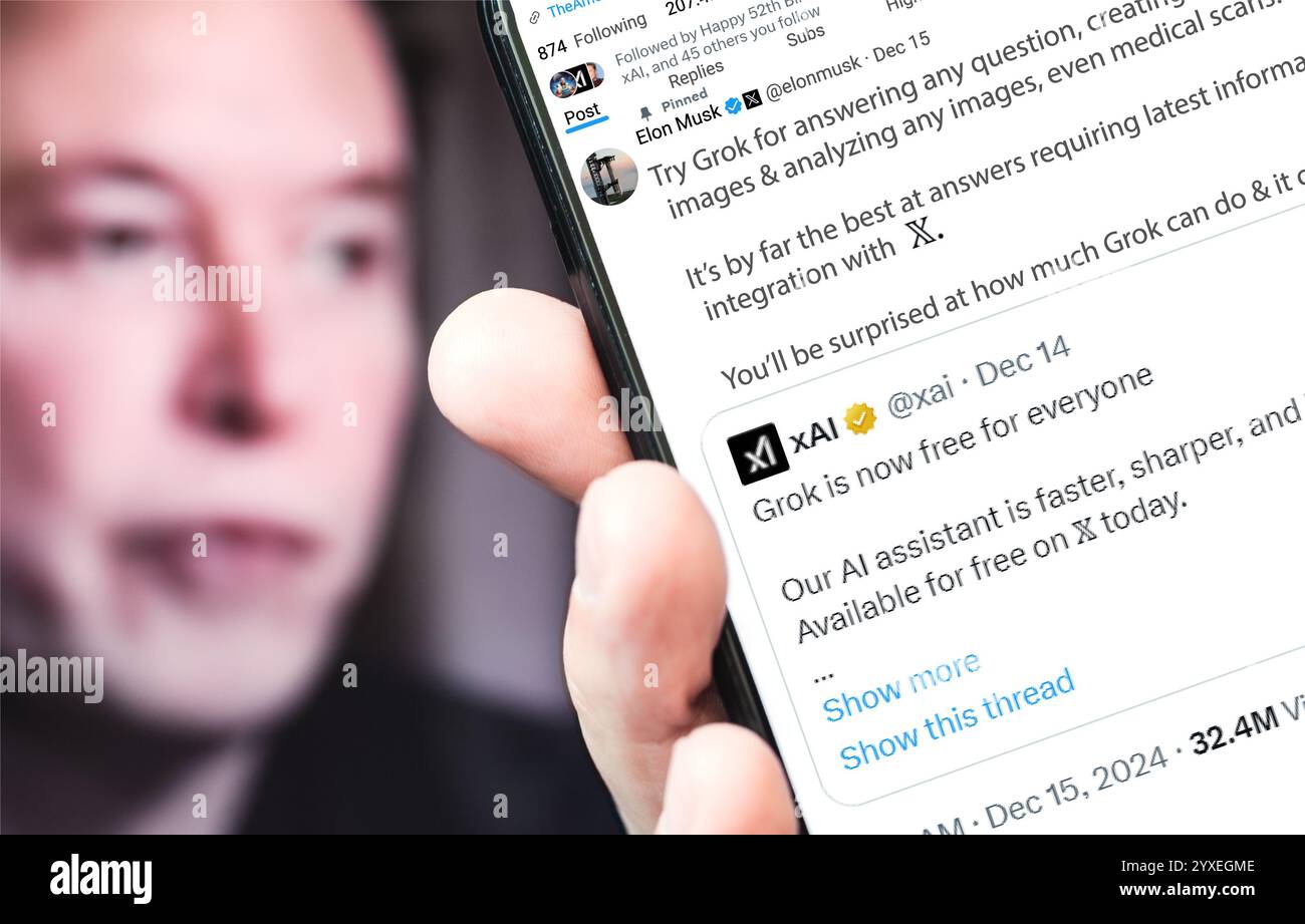 Poltawa, Ukraine - 15. Dezember 2024. Elon Musk Twitter-Profilseite mit einem neuen Tweet auf einem Smartphone in der Hand. Im Hintergrund befindet sich eine defokussierte bestellung Stockfoto