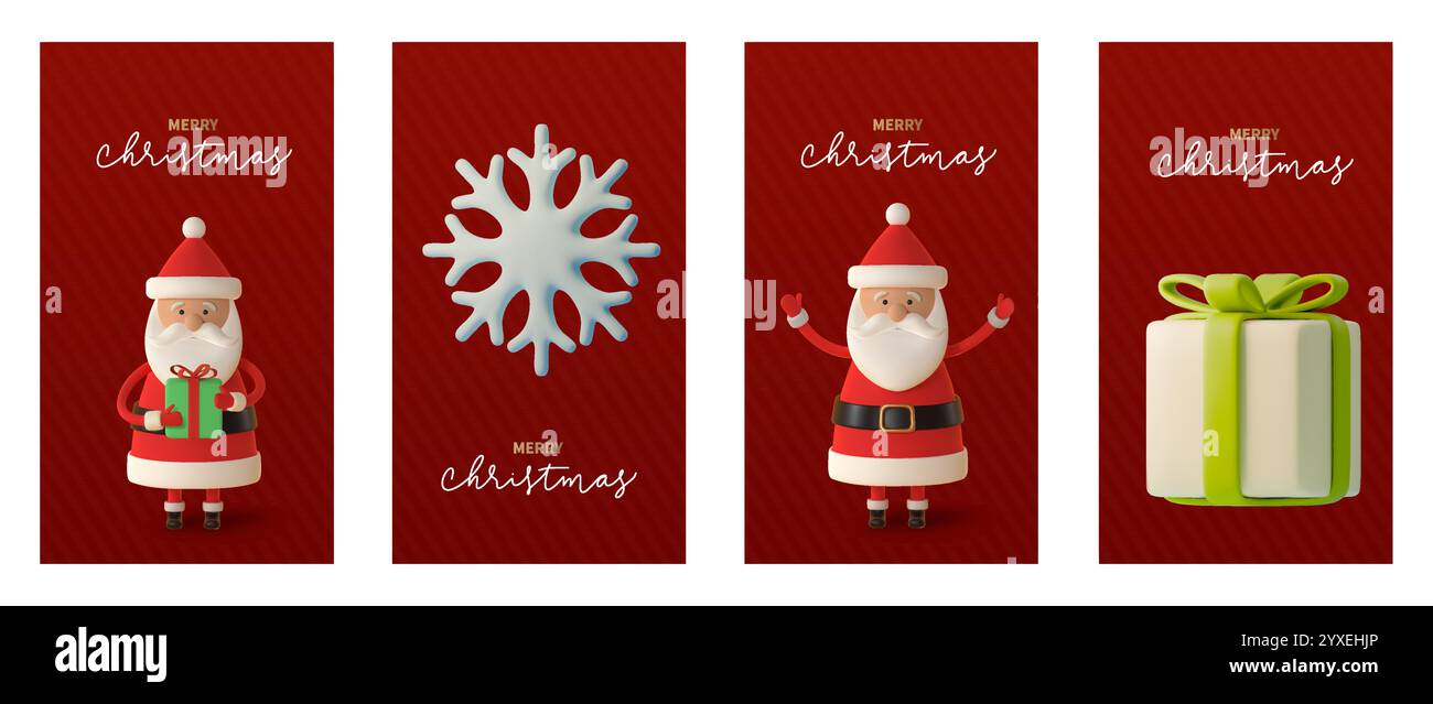 Satz von moderner vertikaler 3D-Illustration mit Weihnachtsmann, Weihnachtsgeschenk, Schneeflocke auf weichem rotem Hintergrund. Mit dem Text Frohe Weihnachten in Stock Vektor