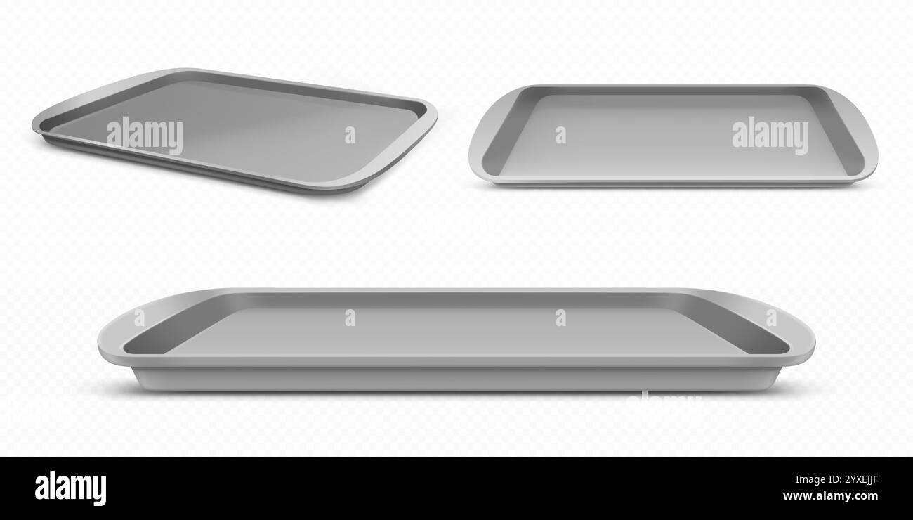 Tablett aus Plastik aus verschiedenen Blickwinkeln. Realistisches 3D-Modell in grauem, rechteckigem, glattem, minimalistischem Look mit erhöhten Kanten, perfekt für das Servieren von Speisen oder Mahlzeiten in Cafés, Cafeterien oder Schulkantinen. Stock Vektor