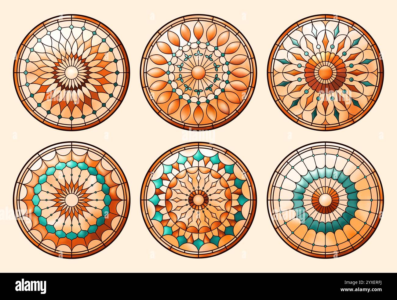Paket mit Kirchenglasfenstern. Katholisch-christliche Rahmen. Warme Farben. Stock Vektor