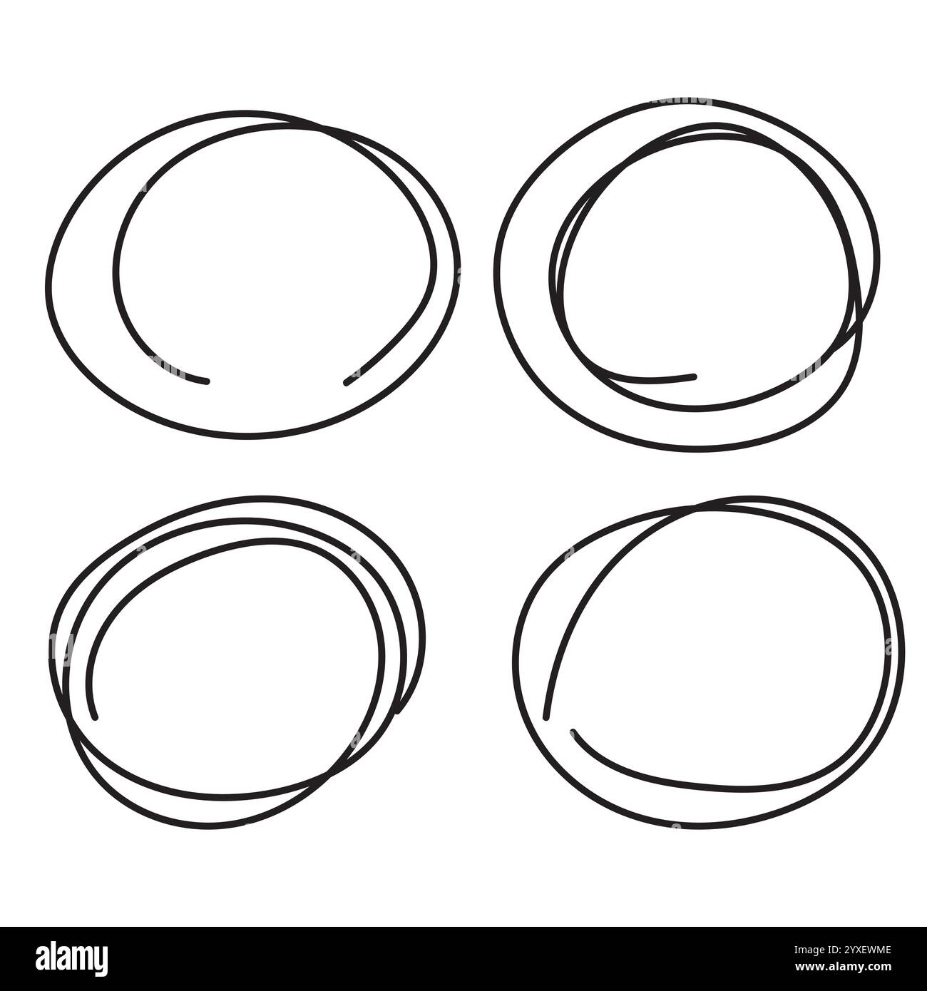 Handgezeichnete Kreise. Abstrakte Kreislinien. Skizzenhafte schwarze Formen. Minimale Vektorgrafik. Stock Vektor