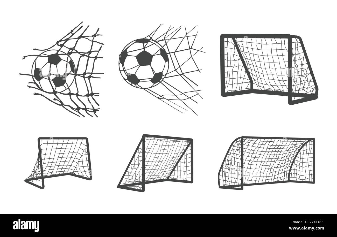 Fußball Tor Post Vektoren, Fußball Tor Netz Silhouette, Fußball Netz mit Ball Vektoren, Fußball Netz mit Ball Silhouetten, Fußball Netz Vektor Stock Vektor