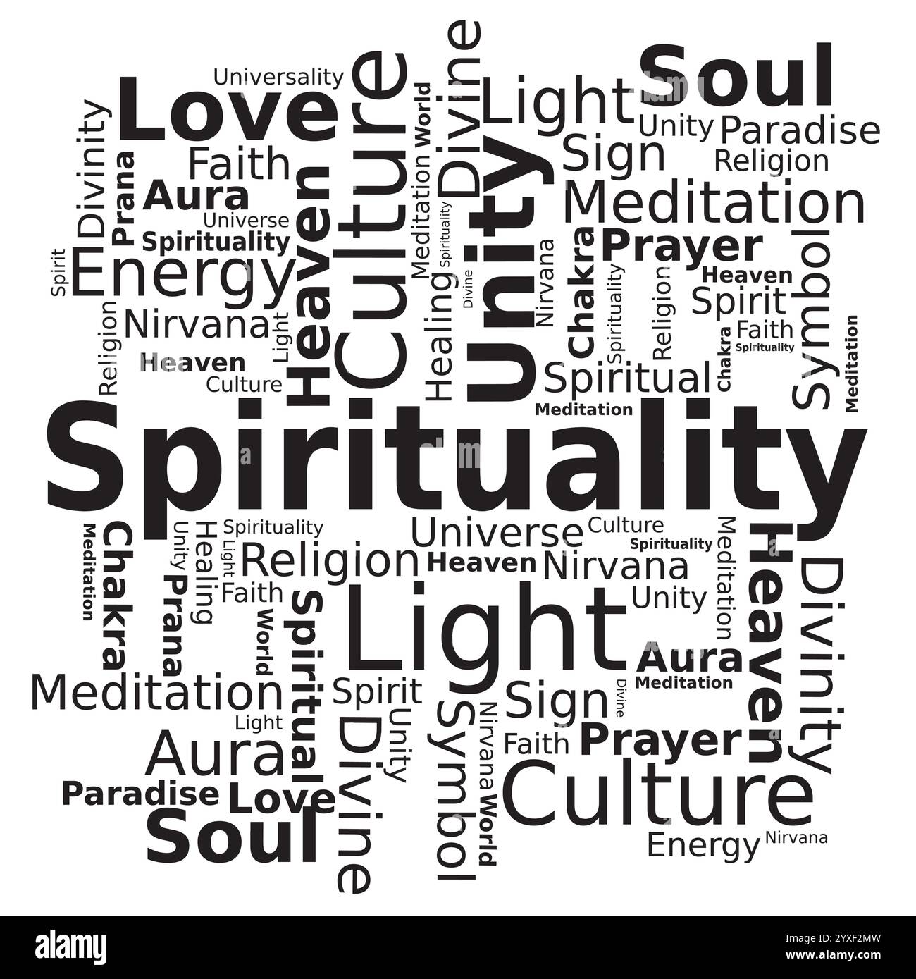 Word Cloud - Spiritualität in englischer Sprache - Schwarz und weiß Stock Vektor