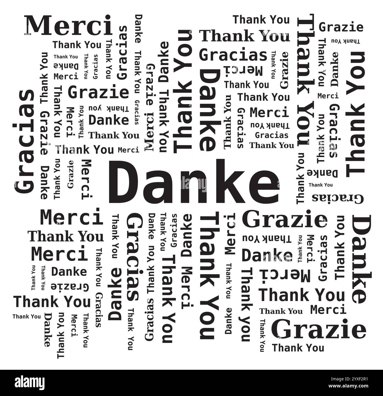 Vielen Dank Word Cloud in verschiedenen Sprachen - 5 Sprachen, Englisch, Französisch, Deutsch, Spanisch und Italienisch Stock Vektor