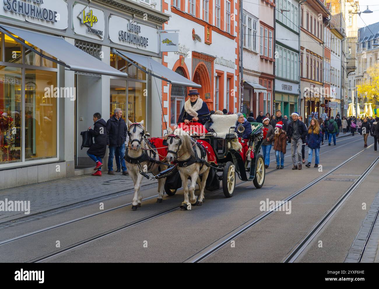 ERFURT, DEUTSCHLAND - 30. NOVEMBER 2024: Weihnachtswagen mit Pferden auf dem jährlichen weihnachtsmarkt auf dem Domplatz Stockfoto