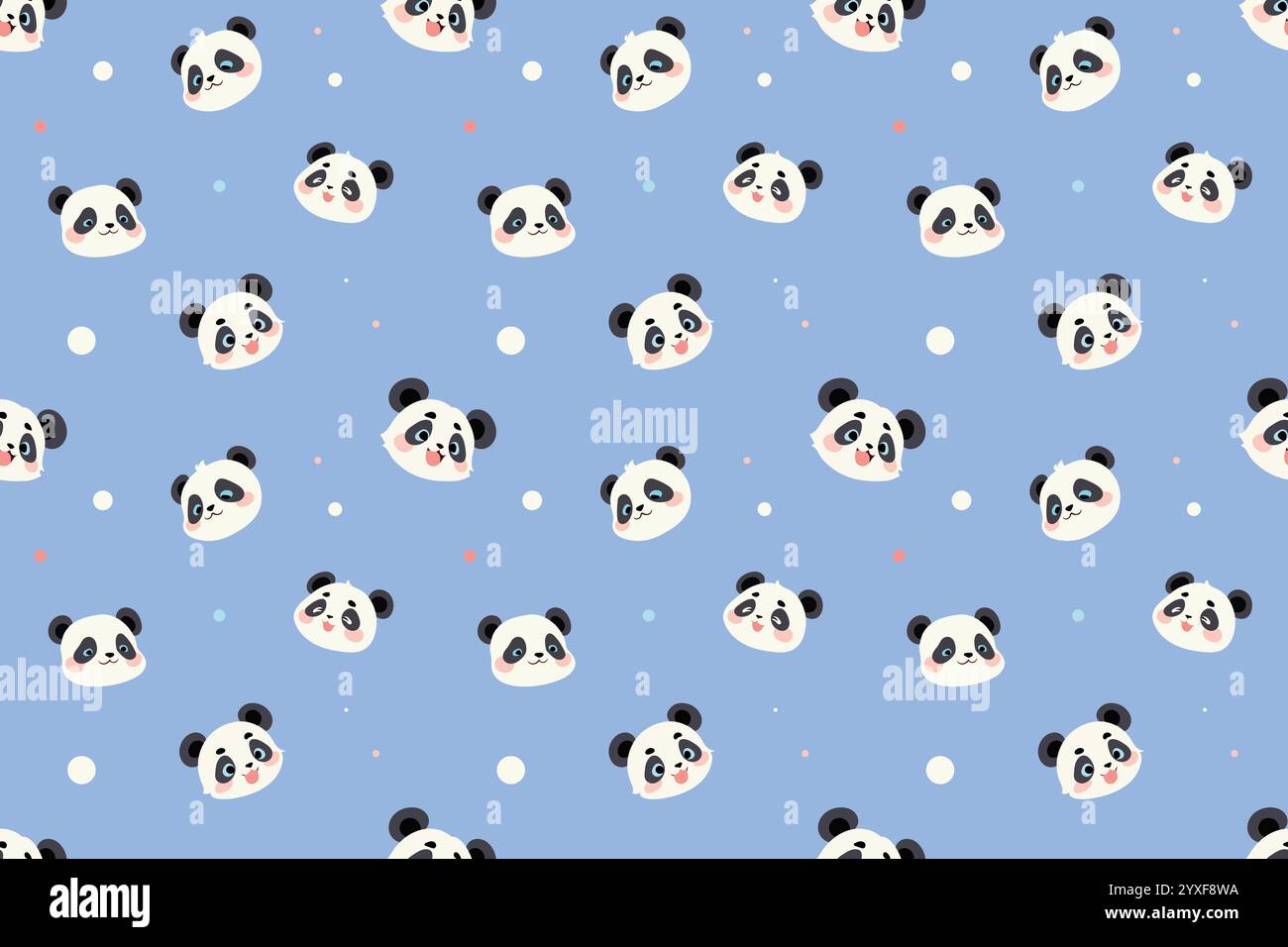 Ein sich wiederholendes Muster niedlicher Comic-Panda-Gesichter auf hellblauem Hintergrund mit kleinen Punkten. Stock Vektor