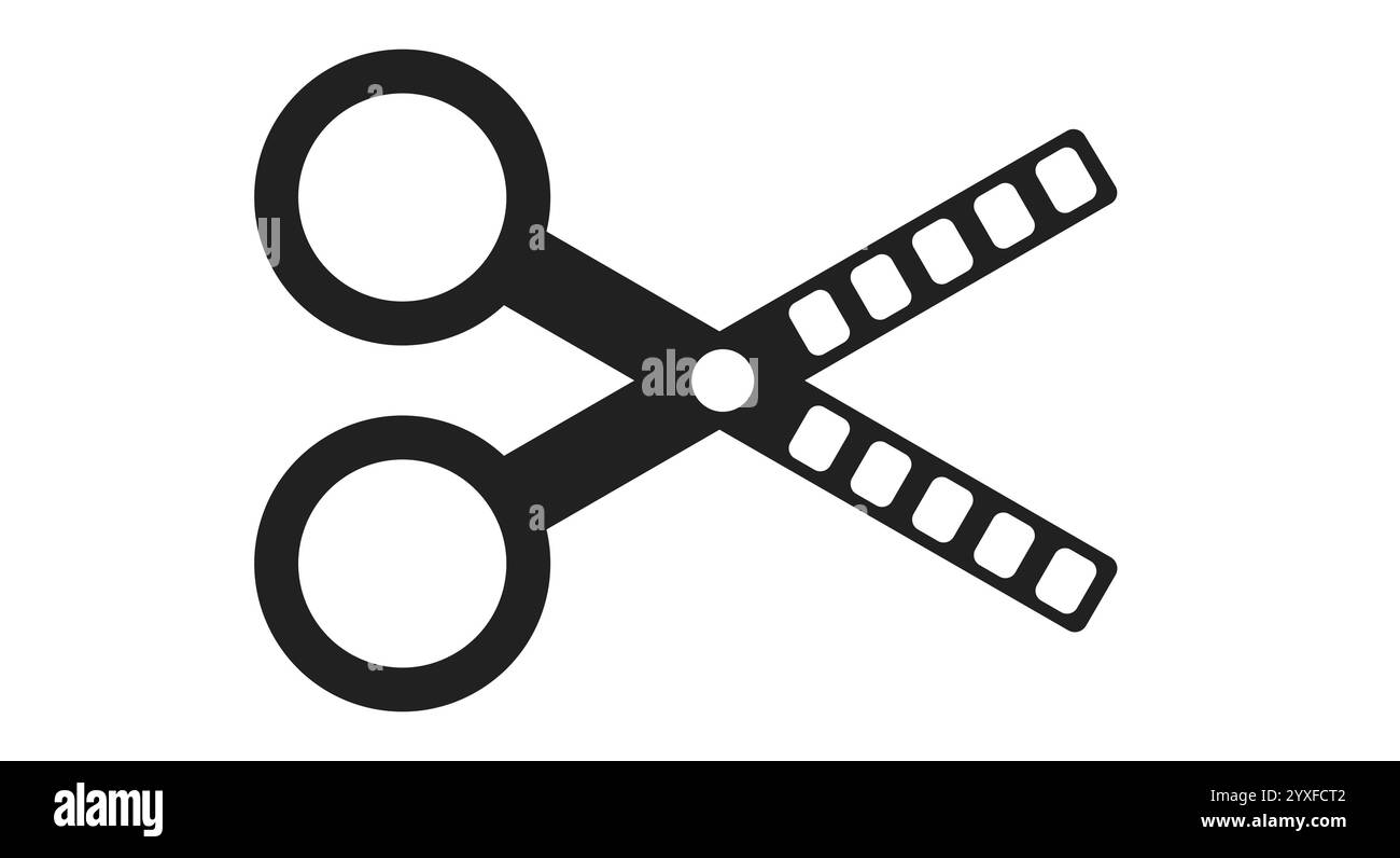 Schere und Filmrahmen. Schwarzes einfaches Symbol für Videobearbeitung auf weißem Hintergrund Stock Vektor