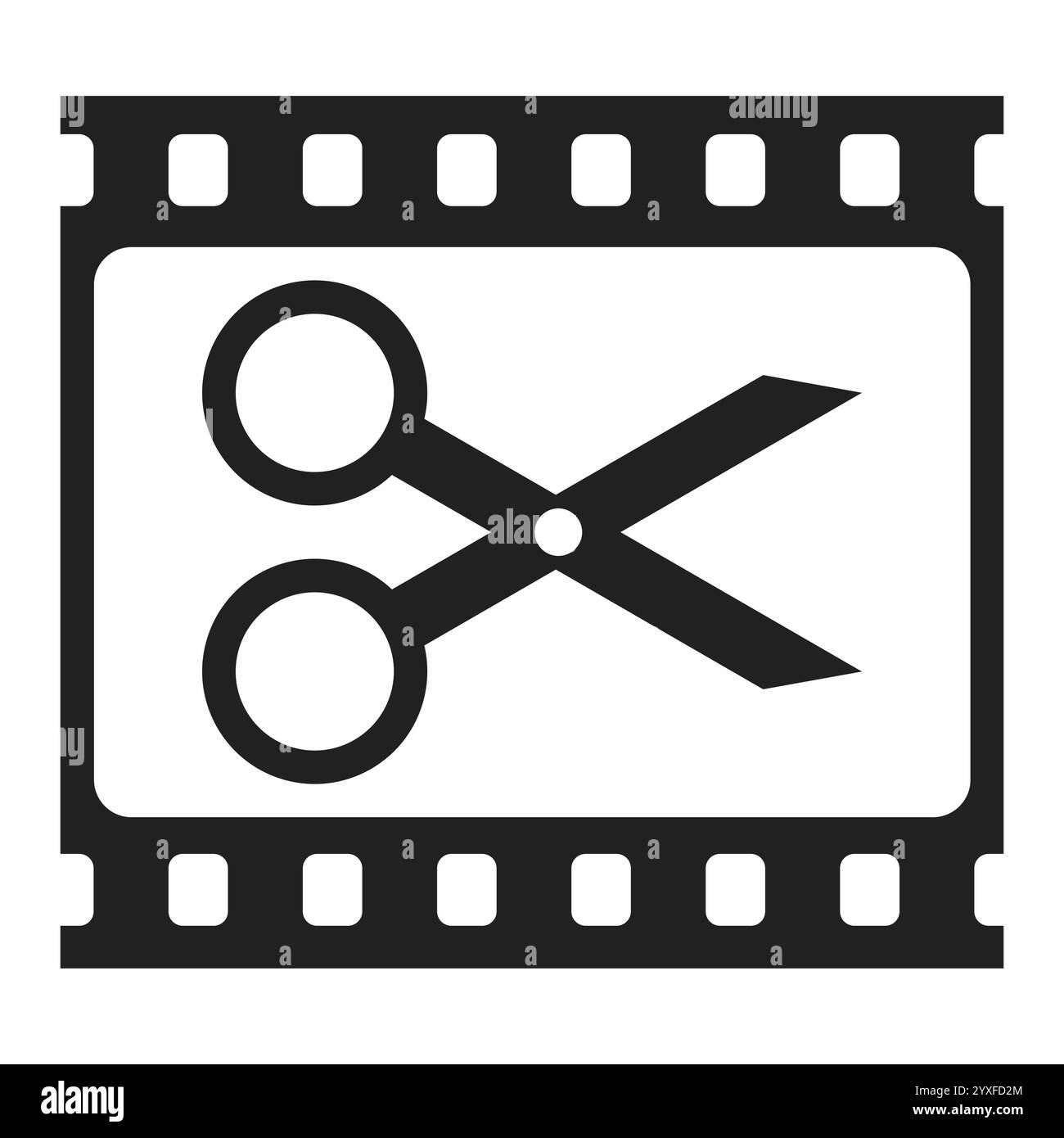 Schere und Filmrahmen. Schwarzes einfaches Symbol für Videobearbeitung auf weißem Hintergrund Stock Vektor