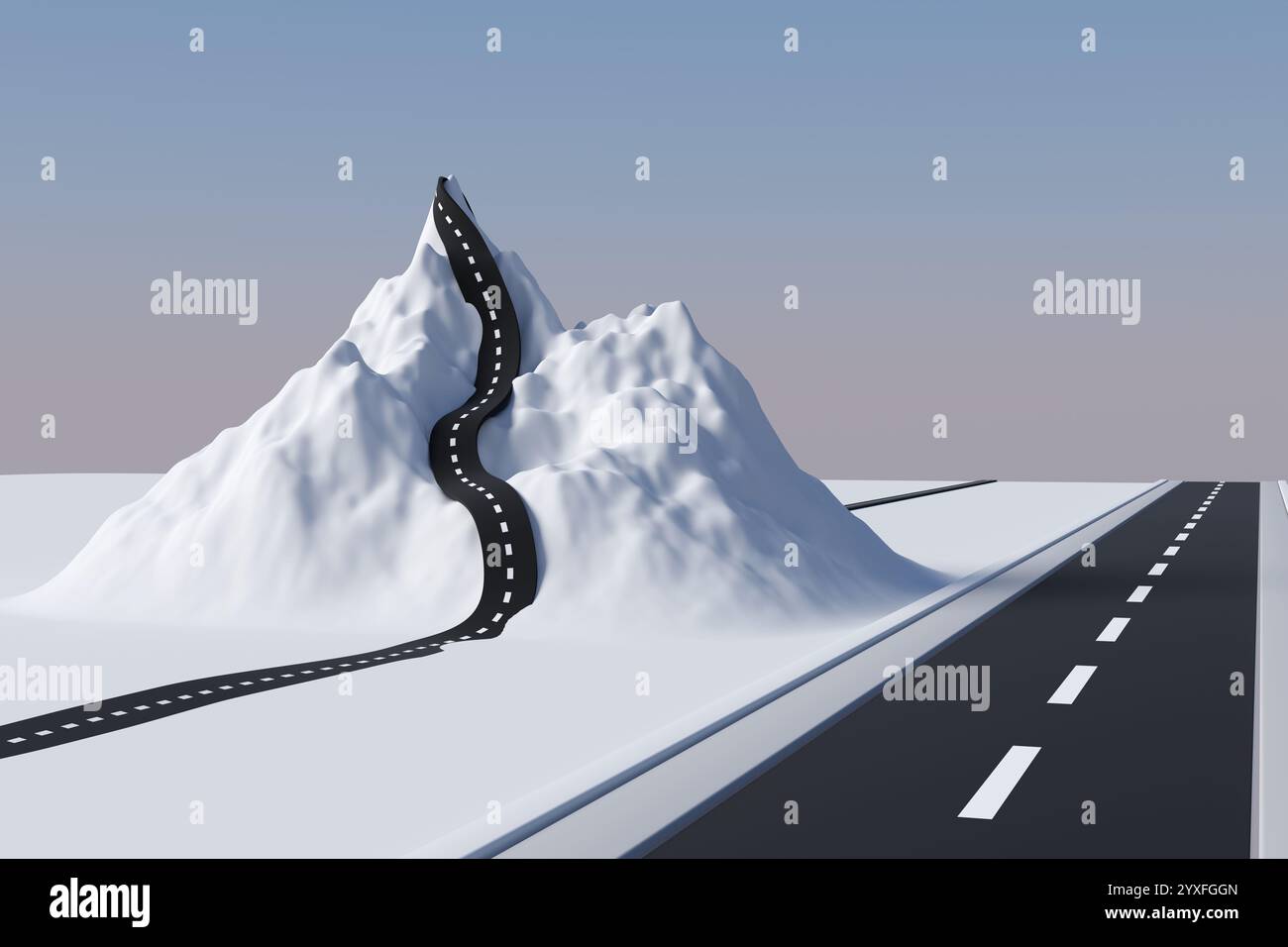 Gerade, breite Autobahn und ein kurviger Bergweg nebeneinander in der Dämmerung. Illustration des Konzepts der Auswahl von Karrierewegen Stockfoto