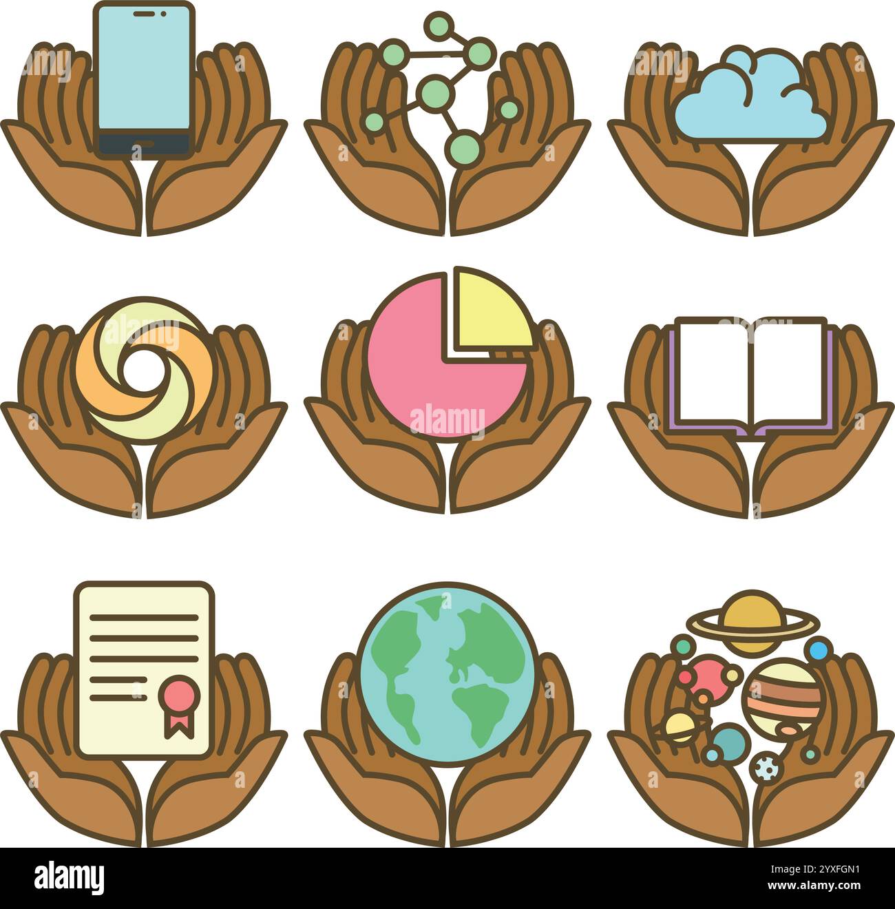 Set aus pflegenden Vektorsymbolen mit Händen, die verschiedene Symbole für Wissenschaft, Technologie und Nachhaltigkeit halten Stock Vektor