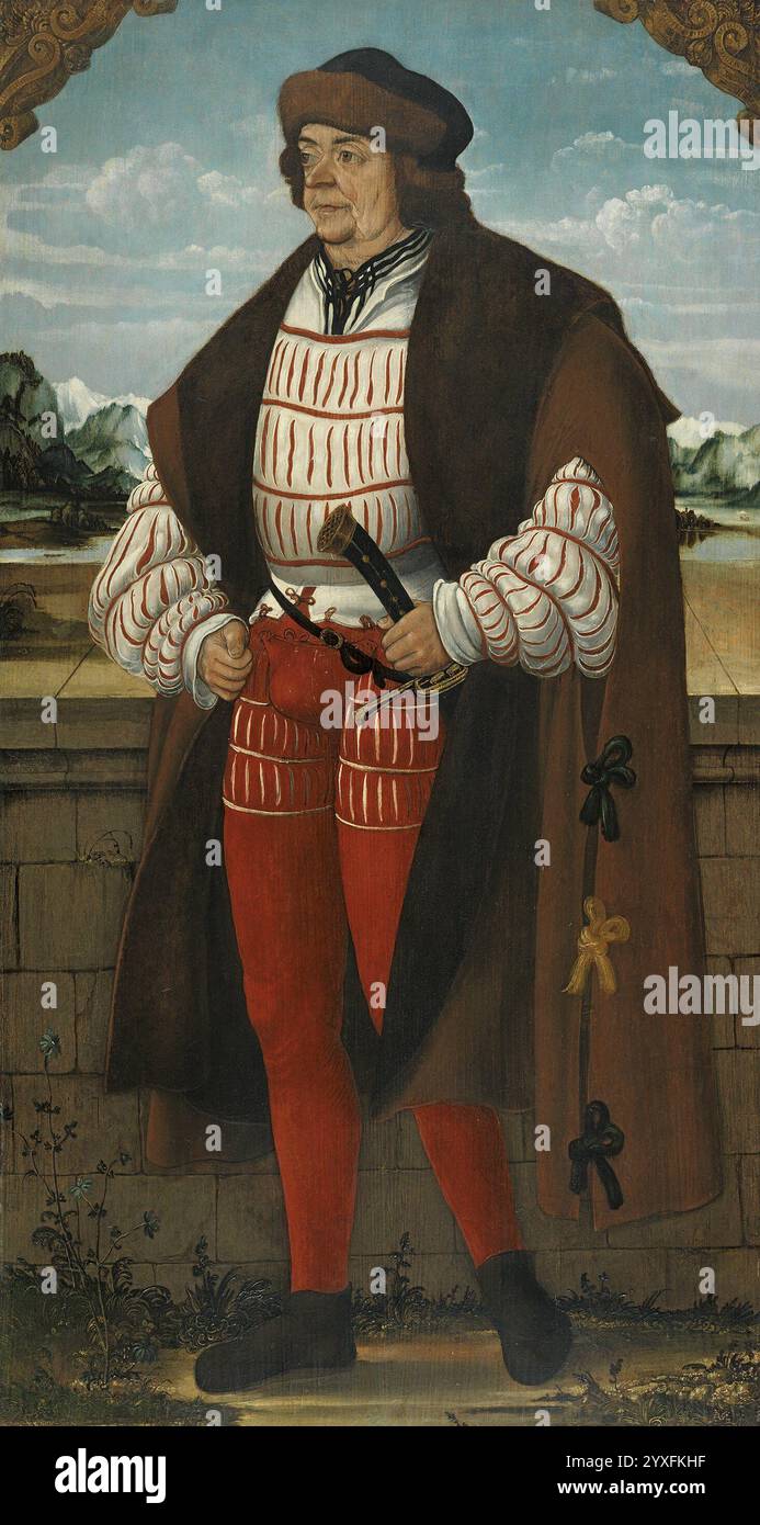 Titel: Der Hofnarr bekannt als 'Ritter Christoph' Künstler: Hans Wertinger Jahr: 1515 Medium: Öl auf Platte Abmessungen: 113 x 61,5 cm Ort: Museo Nacional Thyssen-Bornemisza, Madrid Stockfoto