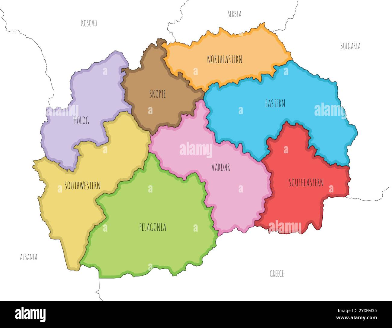 Vektor-illustrierte Karte von Nordmazedonien mit statistischen Regionen und Verwaltungseinheiten sowie Nachbarländern und Gebieten. Bearbeitbar Stock Vektor