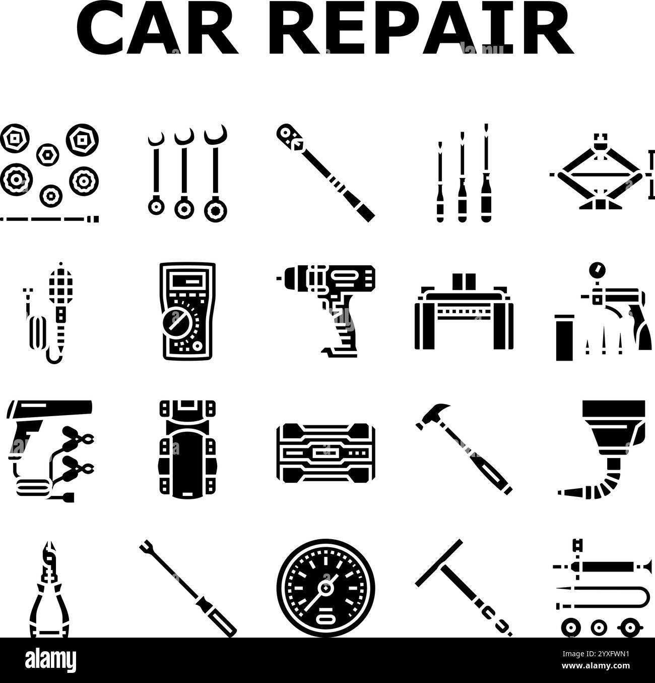 Autoreparaturwerkzeuge Schlüsselsymbole setzen Vektor Stock Vektor