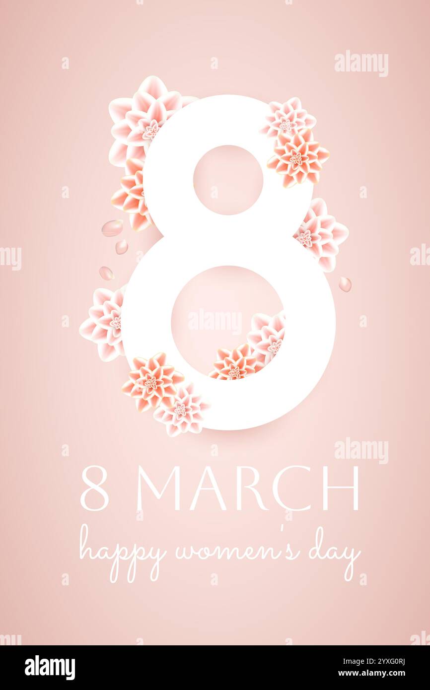 8. März, Postkarte, 3. Blumen, internationaler Frauentag. Stock Vektor