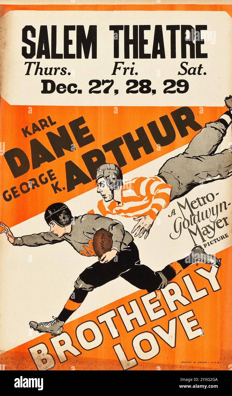 Bruderliebe (MGM, 1928). Fensterkarte Salem Theatre – US-amerikanischer Fußballfilm mit Karl Dane, George K. Arthur Stockfoto