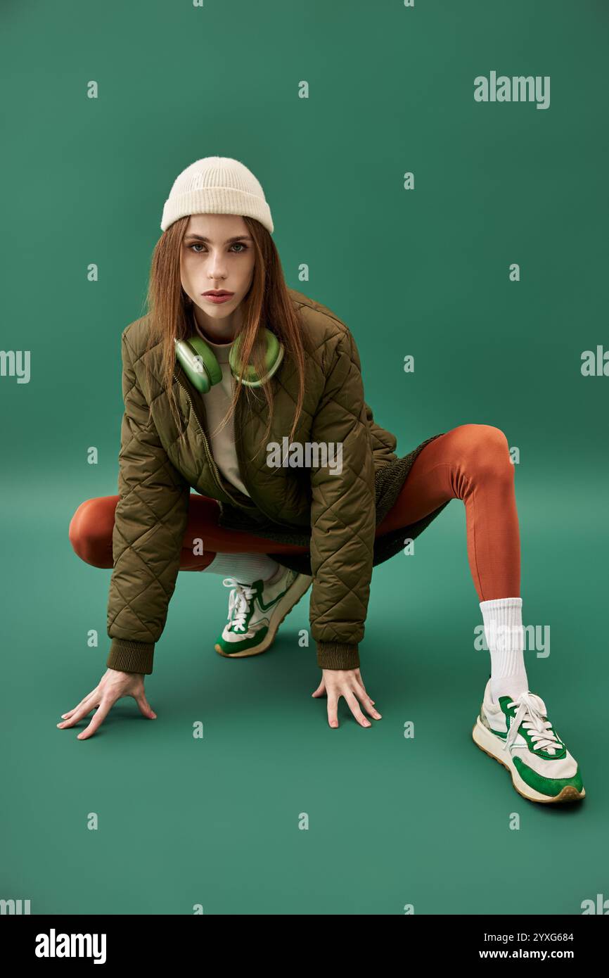 Eine Frau mit grüner Jacke und orangefarbenen Leggings drückt ihren Kampf gegen Anorexie aus. Stockfoto