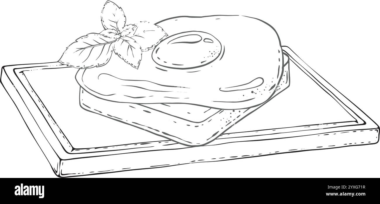 Spiegelei auf Toast mit Gurke und Basilikum, Frühstück. Hochwertige Abbildung. Aquarellzeichnung auf weißem Hintergrund. Kann in Menüs, Rezepten, Kochkünsten und Zutaten verwendet werden Stock Vektor