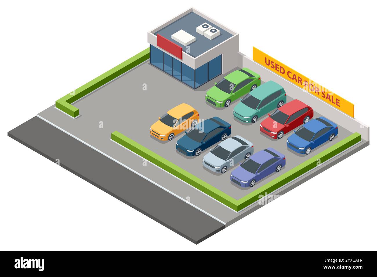 Ein isometrischer Gebrauchtwagenplatz mit bunten Fahrzeugen zum Verkauf. Ein kleines Gebäude, Beschilderung und grüne Landschaft umgeben den Parkplatz Stock Vektor