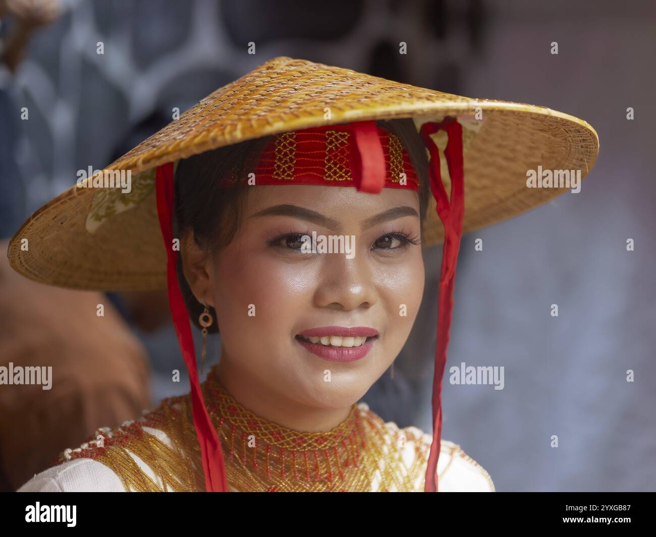 Toraja Frau in traditionellen bunten Kleidern mit Reistrohhhut, lächelnd, Porträt, Tana Toraja, Rantepao, Sulawesi, Indonesien, Asien Stockfoto