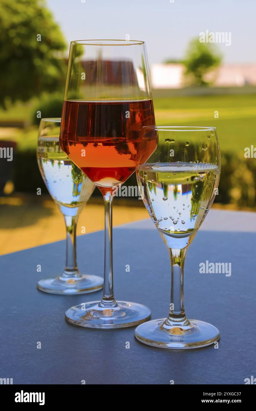 Froben Restaurant am Schloss, Restaurant, Gastronomie, Trinken, Weinglas, Rose, Wein, Mineralwasser, Getränke, Wassergläser, Gartenrestaurant, Messk Stockfoto