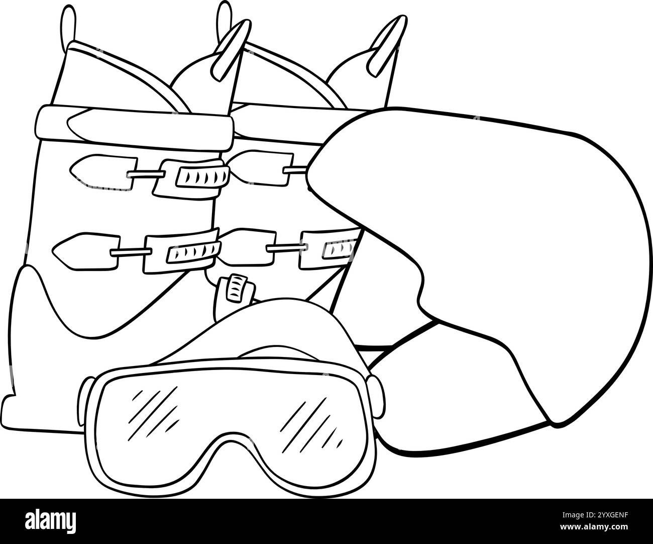 Wintersport-Ski-Komposition in grafischer Linienkunst. Vector Snow Aktivitäten Ausrüstung Ski, Snowboard, Helm und Schneemobil. Skischuhe, Sonnenbrille und h Stock Vektor