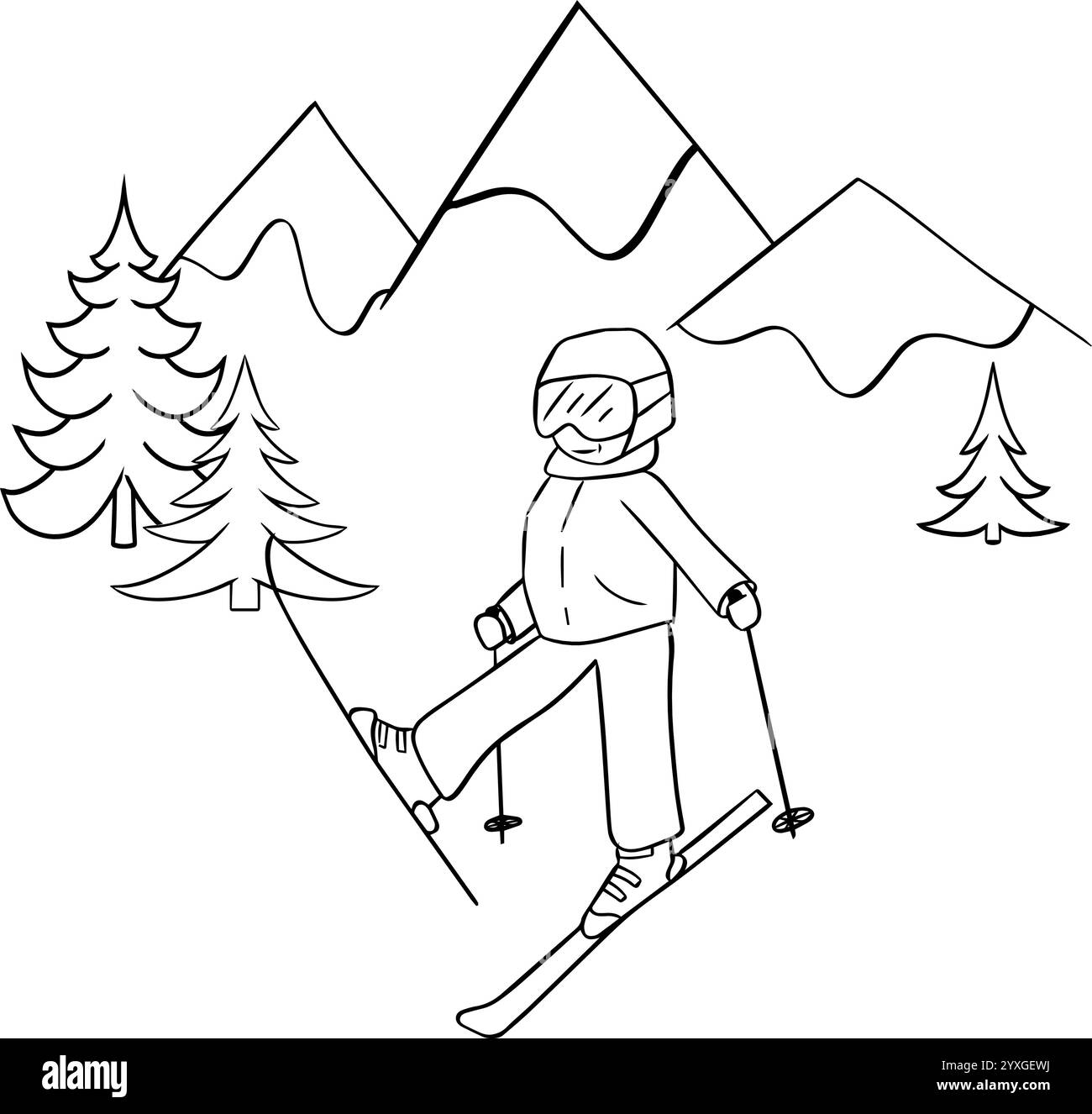 Skier in Bergen mit Kiefern Vektor-Illustration. Schneebedeckte Hügellandschaft. Grafische Linienkomposition Happy Entertainment Kids. Aktive Erholung, Winter le Stock Vektor