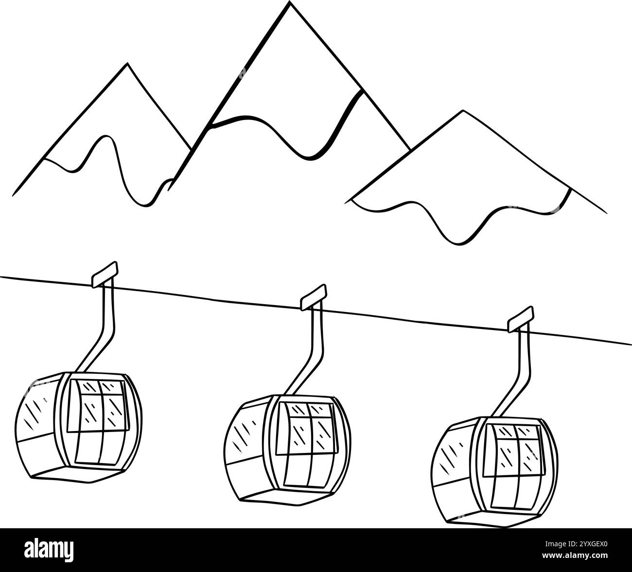Skilift Bergwald mit schwarz-weißer grafischer Linie. Vektorkomposition Reitstuhl Skiliftlandschaft mit Bergen isola Stock Vektor