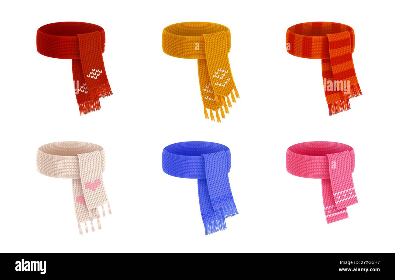 3D-Schal. Weihnachtliches Tuch im Winter. Warmes Accessoire für die kalte Schneesaison. Strickbekleidung für das neue Jahr. Sport-Fan-Mode. Kuschelige Strickmode. Weicher Text aus Wolle Stock Vektor