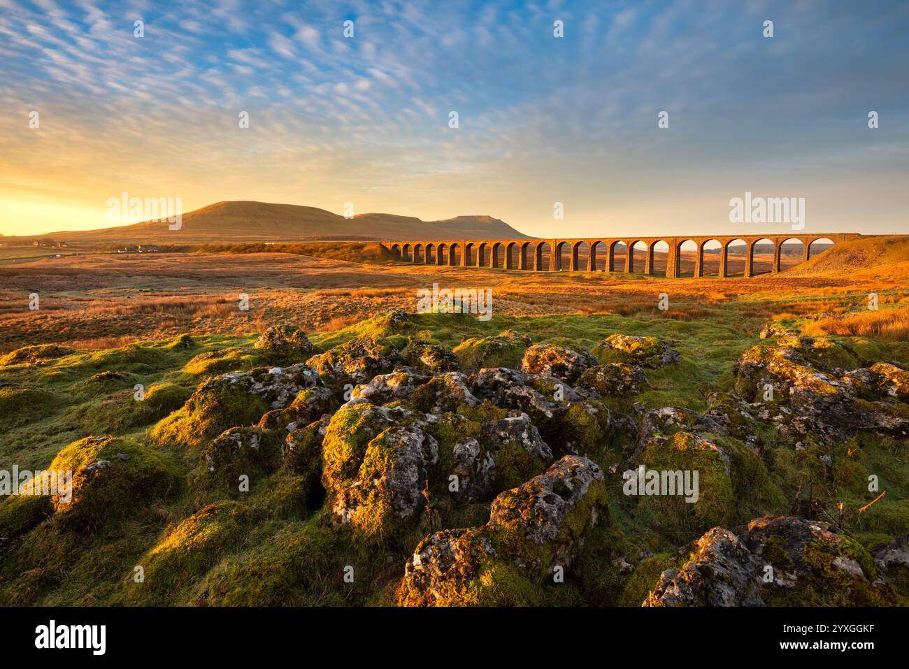 Goldenes Morgenlicht auf dem Ribblehead Viaduct bei Sonnenaufgang. Yorkshire Dales, Großbritannien. Stockfoto