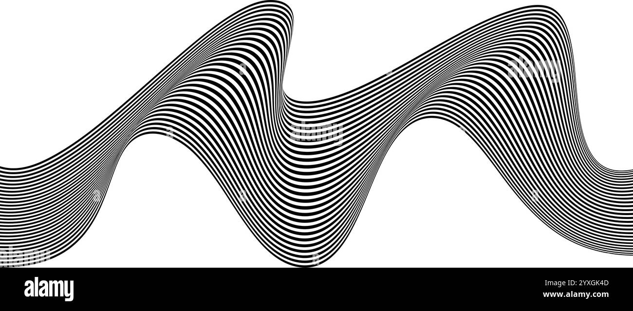Dynamische Wellenlinien in Schwarz und weiß erzeugen ein abstraktes visuelles Muster. Vektorabbildung Stock Vektor