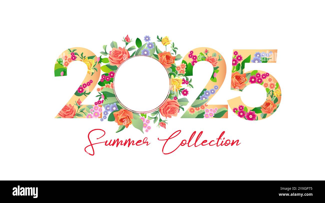 Sommerkollektion 2025 Sonderangebot mit Blumen und Blättern. Vector Concept Fashion Logo 2025 mit Rosenblumen für Rabattbanner oder Verkaufsposter Stock Vektor